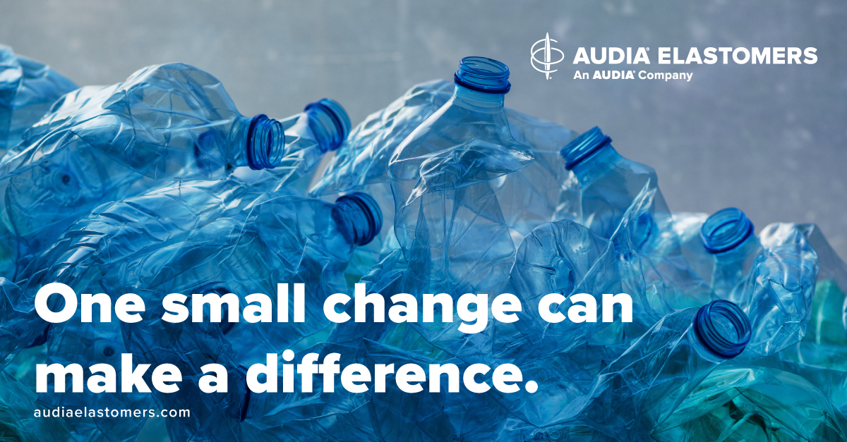 Empty crumpled up blue water bottles with text stating: One small change can make a difference. Audia Elastomers, an Audia® Company